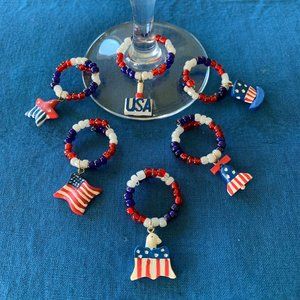 🎉HP🎉 USA Patriotic 4th of July Veterans Day Wine Charms Set of 6; NIB